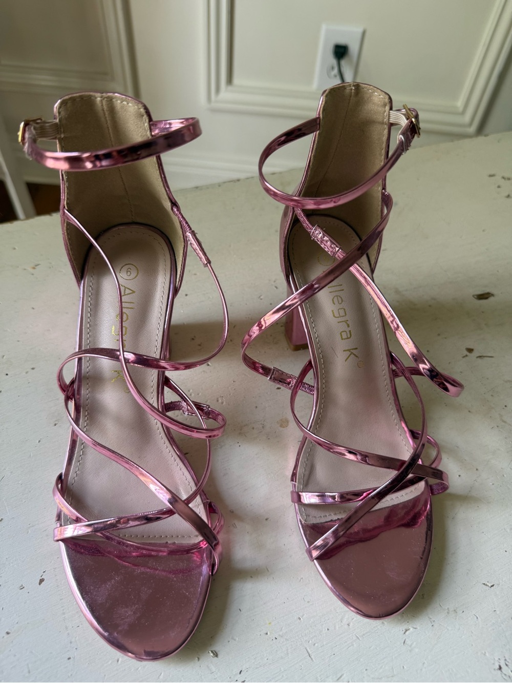 Allegra K Shiny Rose Metallic Strappy Block Heels